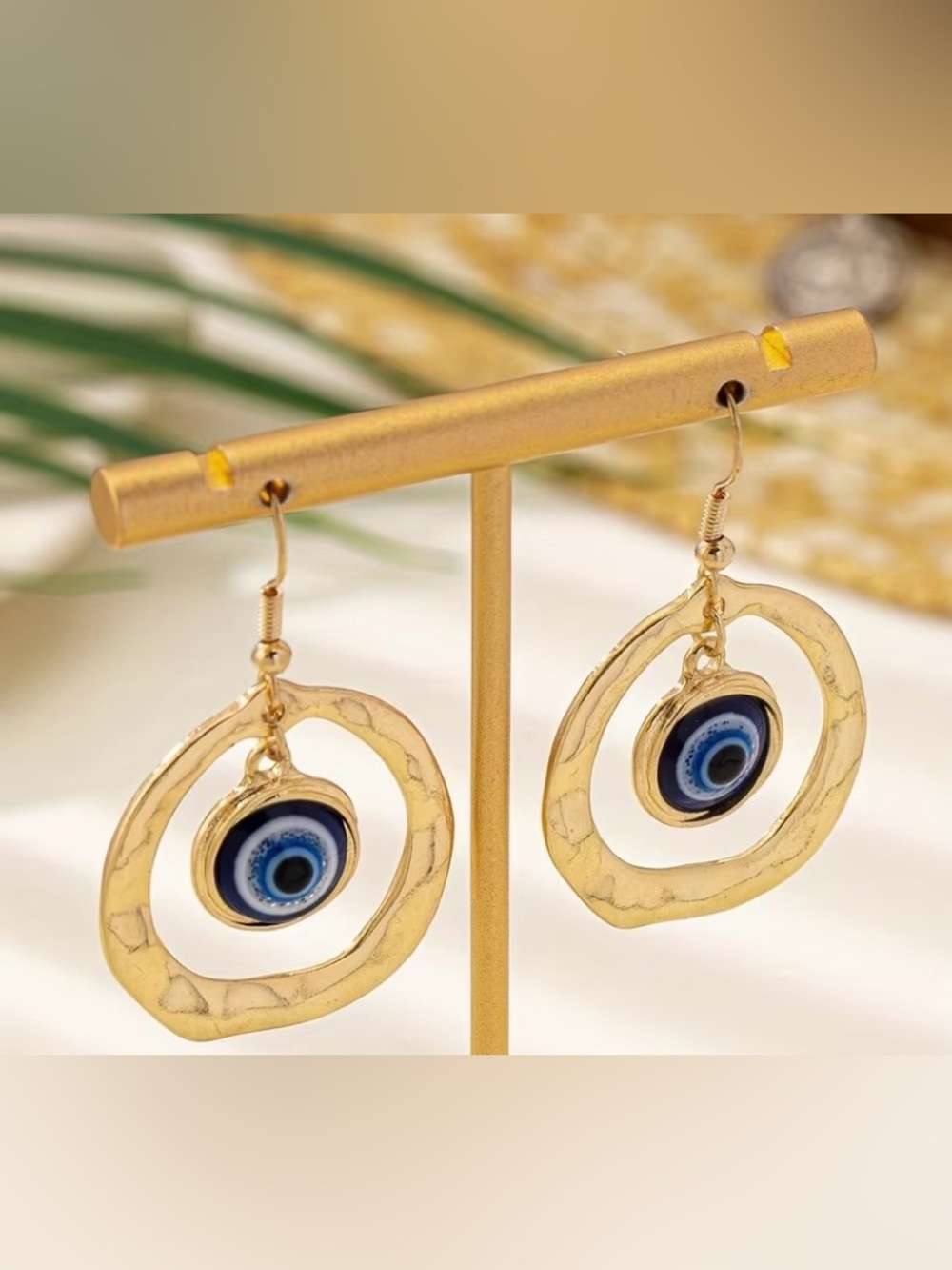 Source Unknown Gold-Tone Hoop Earrings with Blue Evil Eye Center